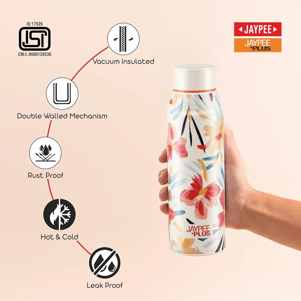 Jaypee Plus Punch Prime Stainless Steel Printed Vacuum Insulated Water Bottle 620 ml | ISI Certified Rustproof & Leakproof Flask with 24Hrs Hot & Cold Ideal for School Kids, Office & Travel -